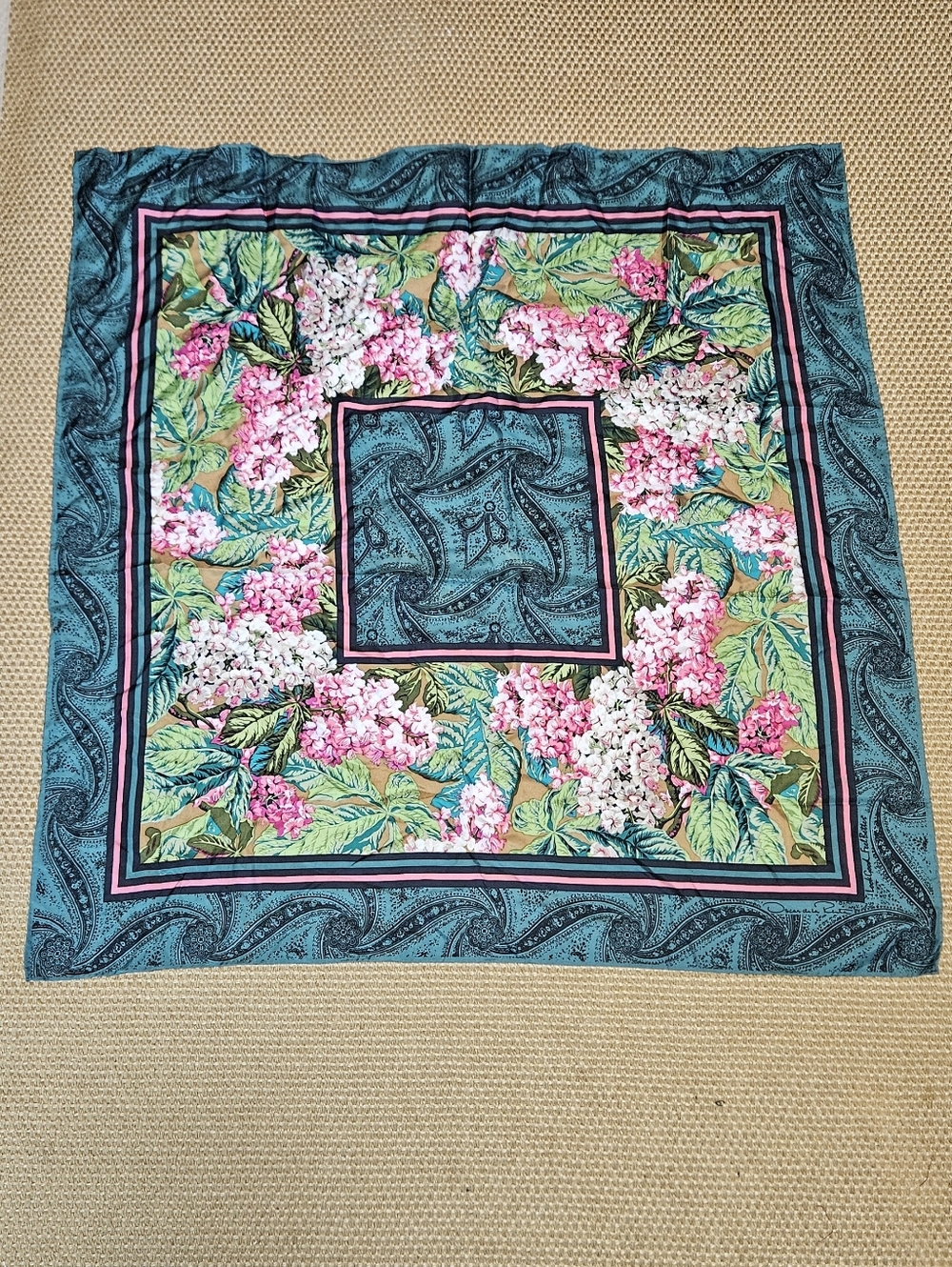 Oscar De La Renta Silk Scarf Square Green Pink Vintage Hand Sewn Paisley